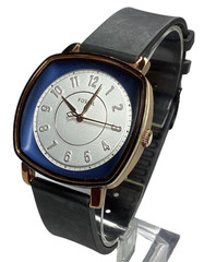 Fossil Womens Watch Blue White Dial Gold Bezel Black Rubber Band New Battery