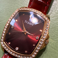Stauer Women’s Quartz Cushion Watch Red Sunburst Dial Gold Case Brown Leather