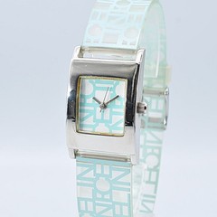 CELINE PARFUMS Novelty Quartz Watch Blue Macadam Logo Clear Belt Auth w-1349