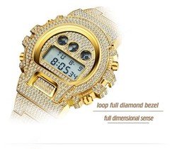 18K Gold IPS Plated LED Digital Hip Hop Bling Ice out Mens Watch Iced Cz Diamond