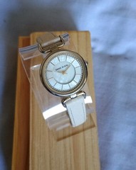 Anne Klein women’s watch AK 2386 gold-tone case cream/white leather strap