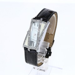 Geneva Clear Rhinestone White Dial, White Enamel Women’s Watch Blac Leather Band