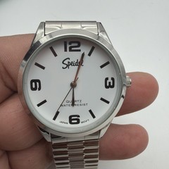 VTG Speidel Quartz Watch Men Silver White Easy Read Stretch Analog 38 Mm