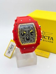 Invicta Men’s Chronograph Quartz Tonneau Watch Red Rubber Strap Gray/Gold Dial