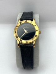 Vintage Quartz Watch-Peugeot PP-Runs-New Battery-Goldtone Bezel-Blk Leather Band
