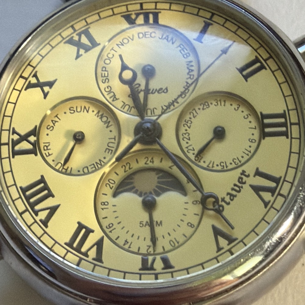 Stauer Osiris Quartz Moon Phase Day/Date Cream Roman Dial Brown Leather 50m