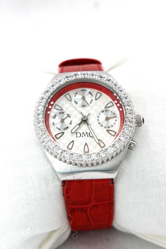 Women’s DMQ Chronograph Watch Red Leather Crystal Accents ~ Good Condition
