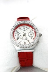 Women’s DMQ Chronograph Watch Red Leather Crystal Accents ~ Good Condition