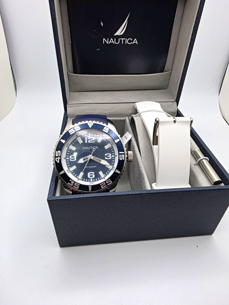 Nautica N17558G Men’s Blue Diver Quartz Watch Box Extra White Strap