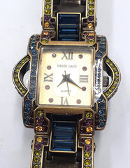 Heidi Daus B7089 Watch Blue Baguette Crystal Band Fold Over Clasp Antique Gold