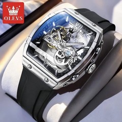 OLEVS Watch for Men Skeleton Automatic Tonneau Silicone Strap Business Luxury