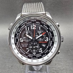 Citizen Eco-Drive World Timer Watch Men 43mm Black Dial Silver Tone Chrono Runs