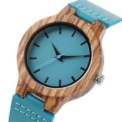 Ladies Blue Dial Wood Case Watch Genuine Leather Strap Quartz Valentine’s Day
