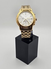 Vintage 1999 Seiko 5 BAR Men Chronograph Analog Date Watch Goldtone White Dial🔥