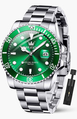 Men’s Quartz Watch Green Dial Silver Metal Bracelet Date Rotating Bezel