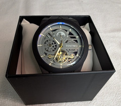 TENTWO Automatic Skeleton Dial Watch 44-47mm Black Case Gray Rubber Strap Box