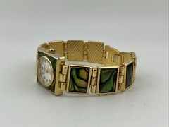 Vtg LA Express Ladies 21mm Watch Gold Tone Abalone Band MOP Dial 7″ – RUNS