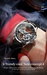 OLEVS Skeleton Watches for Men Automatic Self Winding Mechanical Luxury Leather