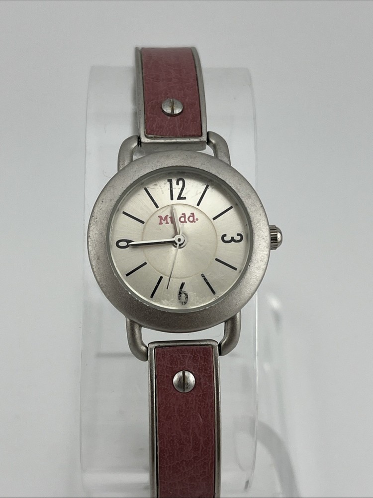 Vintage Mudd Watch Women 25mm Silver Case 6.25″ Pink/Silver Band- New Battery