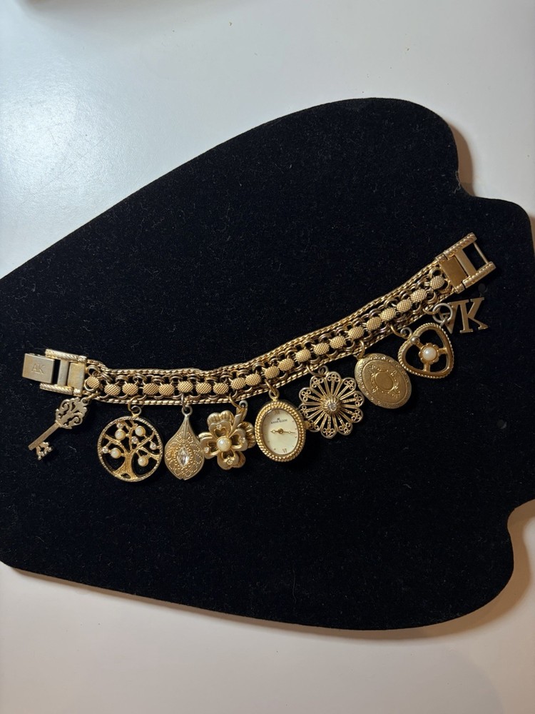Anne Klein Vintage Style Gold Plated Large 9 Charms Bracelet Oval ladies Watch