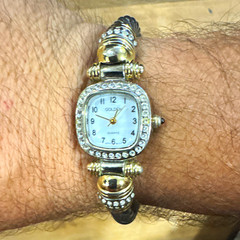 Golden Quartz Analog Wristwatch White Dial Cushion Case Silver Bezel Black Band