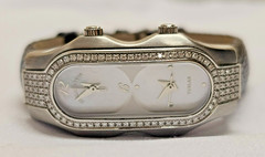 PHILIP STEIN TESLAR DUAL TIME MOP DIAL DIAMOND BEZEL QUARTZ WATCH