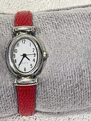 OVAL SHAPED WHITE FACE SILVER TONE WATCH RED BUCKLE BAND CLASSICAL STYLE 6-1/2″