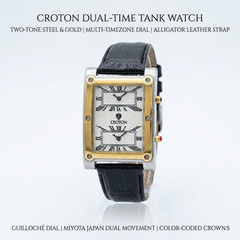 Croton Dual Time Tank Watch • Two-Tone Silver & Gold • 43 mm • Luxury Wristwatch