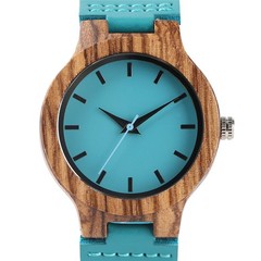 Ladies Blue Dial Wood Case Watch Genuine Leather Strap Quartz Valentine’s Day