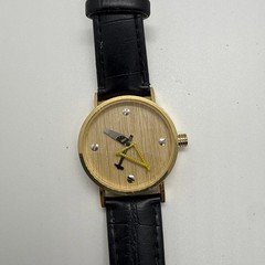 Vtg Consort Gold Watch Wood Dial Carpenter Tools Leather Strap