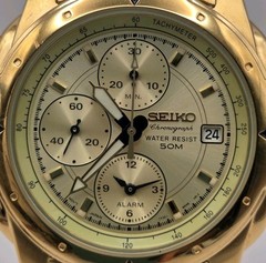 1991 Seiko Chronograph Alarm Gold Tone Mens Quartz Watch 7T32-6M59 – New Battery