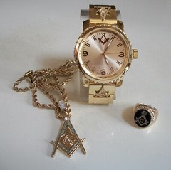 Men’s Gold Finish Black & Blue Mason Fashion Hip Hop Watch + Ring Chain & Charm