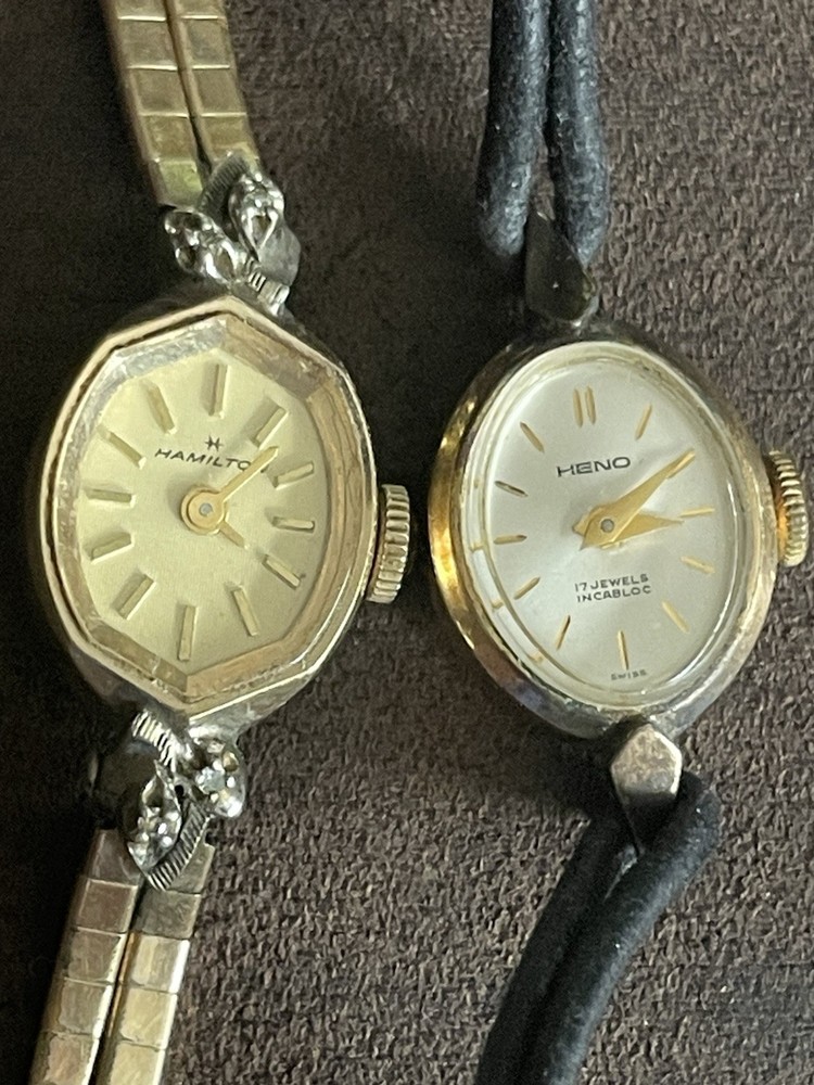 Vtg 50s-60s Ladies Watch Lot Hamilton 10K RGP & Heno Swiss 17 Jewels Repair Wind