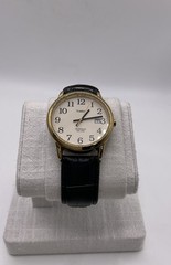 Timex Easy Reader Indiglo Gold Watch White Dial Date WR30M Black Leather Strap