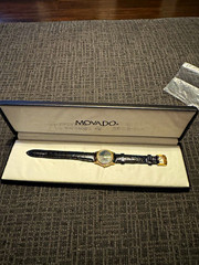Movado Museum Watch Quartz Black Dial Gold Case Black Leather Strap 87.E4.9840