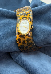 Vintage Kenneth Jay Lane Leopard Print Bangle Watch Hinged Oval Face New Battery