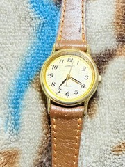 CASIO Quartz Wristwatch Gold Color Brown Leather Band Used