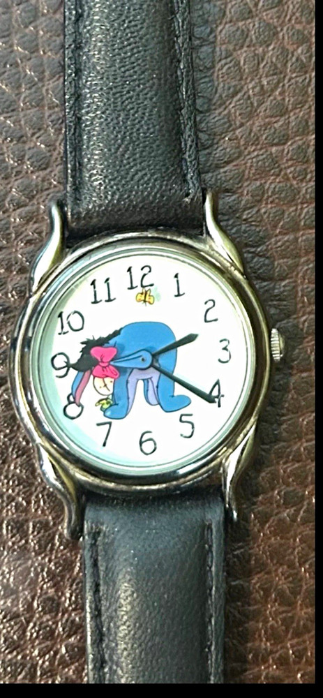 Kreisler Eeyore Quartz Analog Watch Silver Tone Black Leather Strap 1990s
