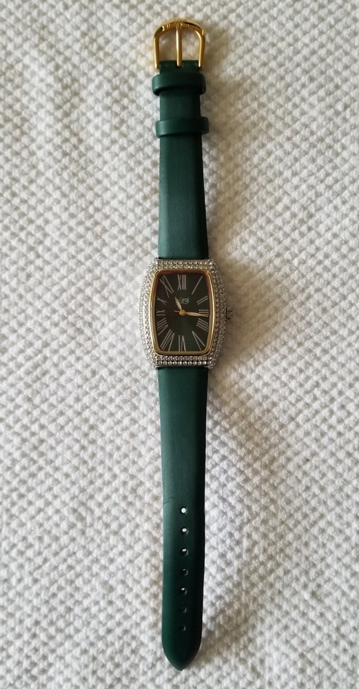 Burgi Two Tone Watch Pave Bezel Green Dial & Leather Band 6″-7″ New Battery