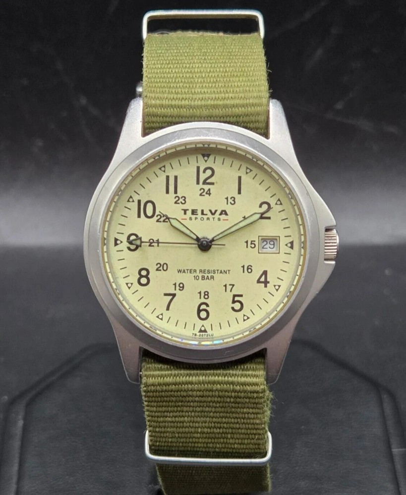 TELVA Mens Quartz Watch 35mm SPORTS CREPHA TB-2072 Military Style Japan 12/24hr