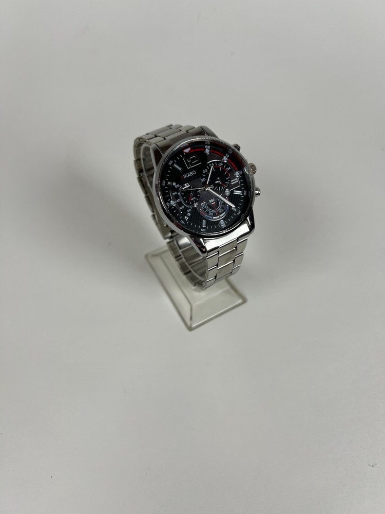 VIKABO Silver Band Black Chronograph Face Red/White Details Watch NEW
