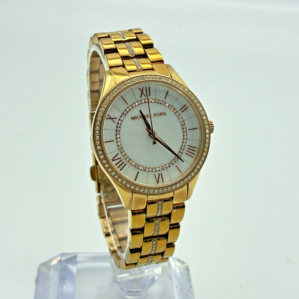Michael Kors Watch Womens White Dial Crystal Bezel Gold Bracelet MK-3716 Quartz