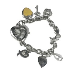 Heart Charm Bracelet Watch Women’s 26mm Silver Tone Silve Dial 6 Charms New Batt