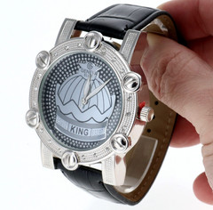 Men’s Iced Luxury Bezel Hip Hop Silver Tone King Crown Dial Leather Band Watch