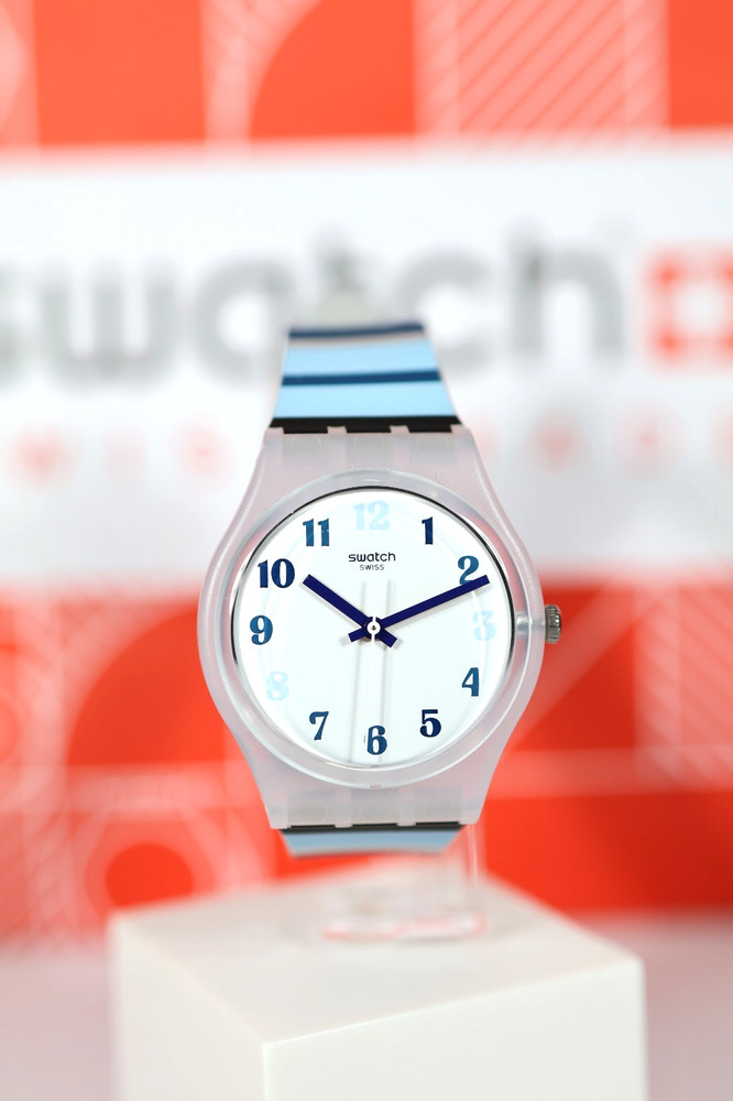 New Rare Swatch Swiss NIGHT SKY Semi-Transparent Blue Stripes Watch 34mm GE275