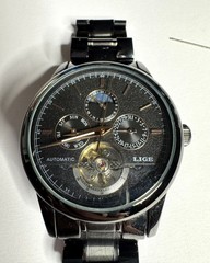 LIGE Automatic Mechanical Skeleton Watch Black Steel Men’s Calendar Kit
