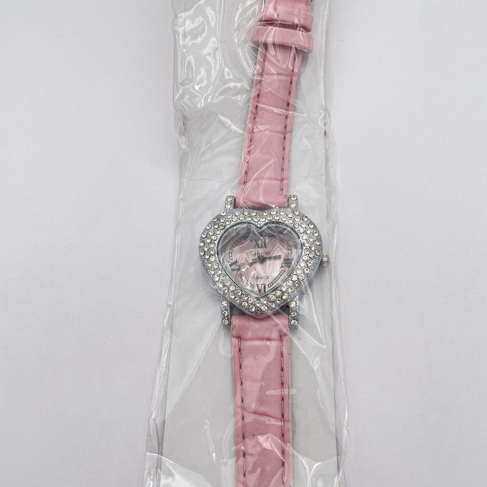 Girls Heart Rhinestone Watch Pink Strap Silver Tone Quartz Analog New Gift