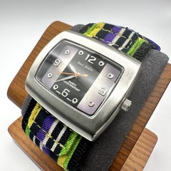 Paul Jardin Rectangular Quartz Watch Silver Tone Case Multicolor Fabric Strap