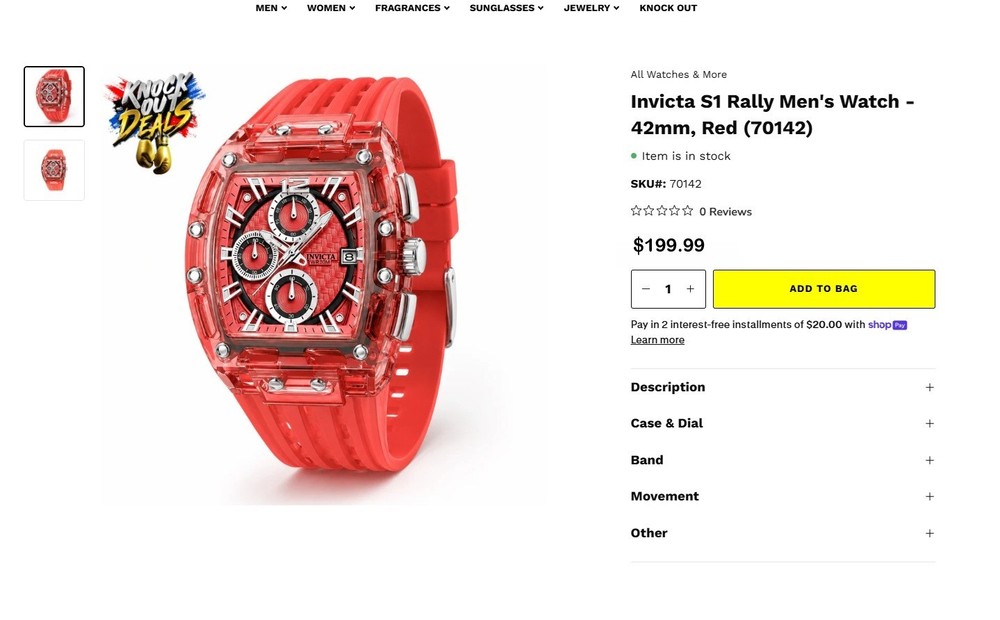 Invicta S1 Rally 70142 Red Carbon Dial Translucent Red case.