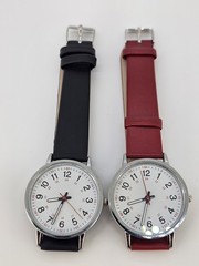 2X Women’s Field Watch 34MM White Dial Black Red Faux Leather Bands NEW Battery